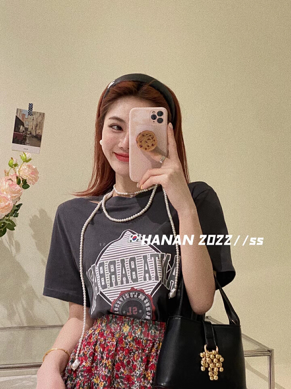 [Hanan] Korean versatile loose letter stitching lace short sleeve T-shirt 6931# LSL