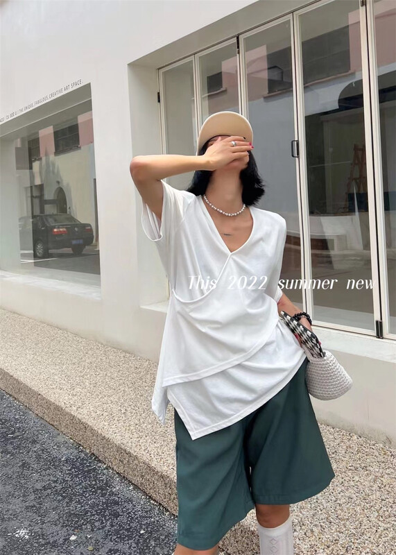 [this] simple V-neck versatile irregular short sleeve T-shirt v802# CSX