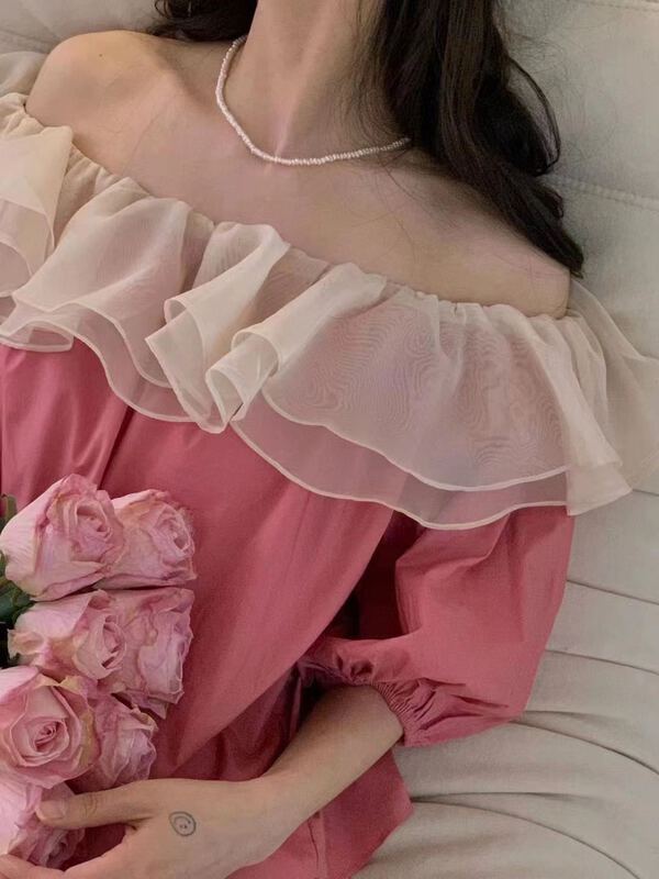 goods in stock! New in early summer! [RS] contrast color lotus leaf collar off shoulder shirt rs1556# XYY