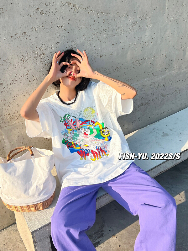 New in early summer! [fish Yu] crew neck loose print short sleeve T-shirt 22112# LSL