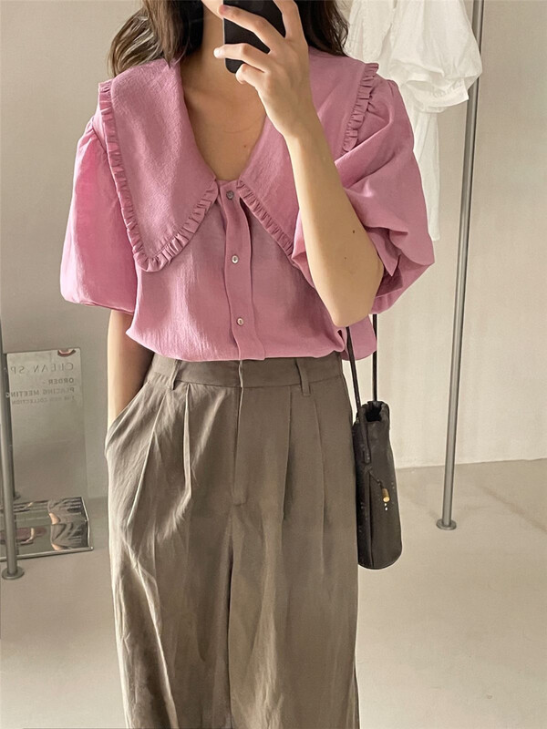 goods in stock! New in early summer! [clean space] Korean style Japanese style doll neck versatile foreign style shirt 31271# CLS