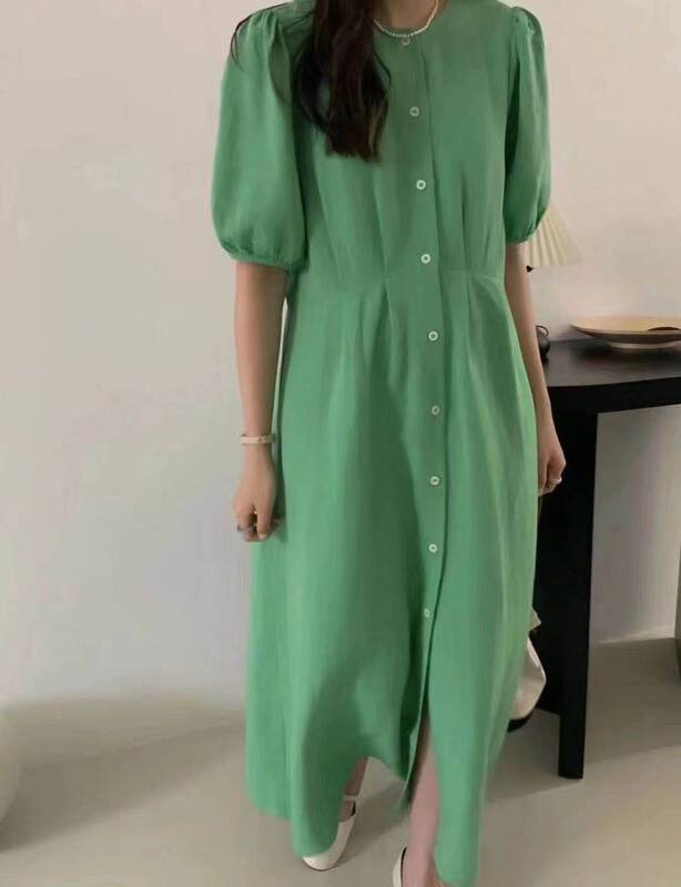 New in early summer! [larti] simple temperament cotton linen solid color single breasted dress 8375# ll