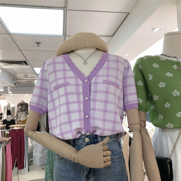 [Weika] Korean V-neck Plaid short sleeve shirt 8037# lwy