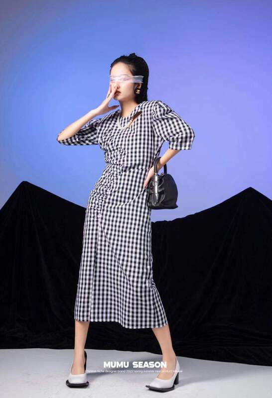 New in early summer! [Mumu season] checkered hollowed out dress (with pearl chain) 6133# zxl