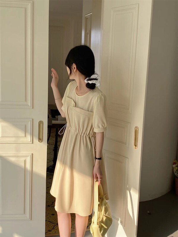 goods in stock! [tab CP] Korean round neck bubble sleeve drawstring waist closing dress 7825# zxx