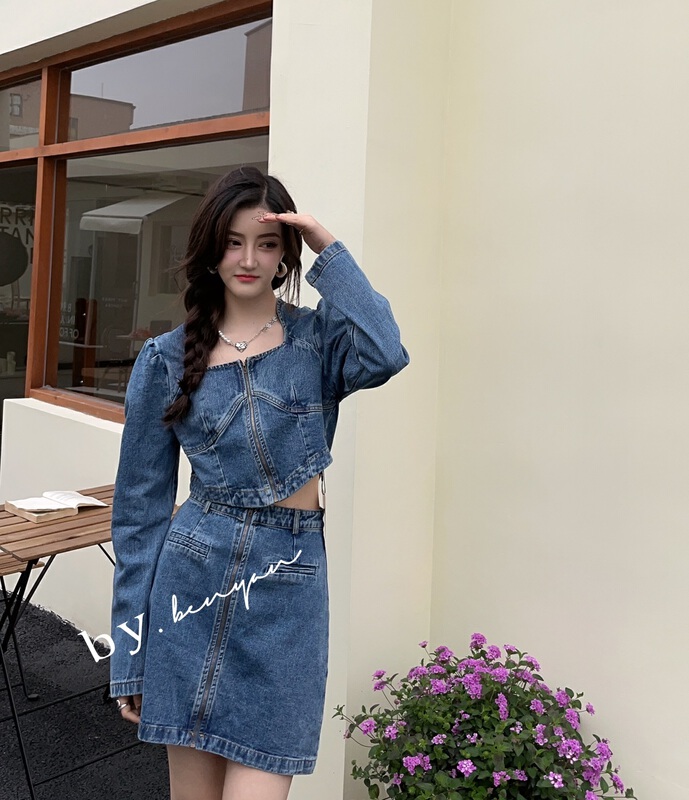 New year in early spring! [benyan] Korean washed denim jacket + high waist slim skirt suit 7623# zxx