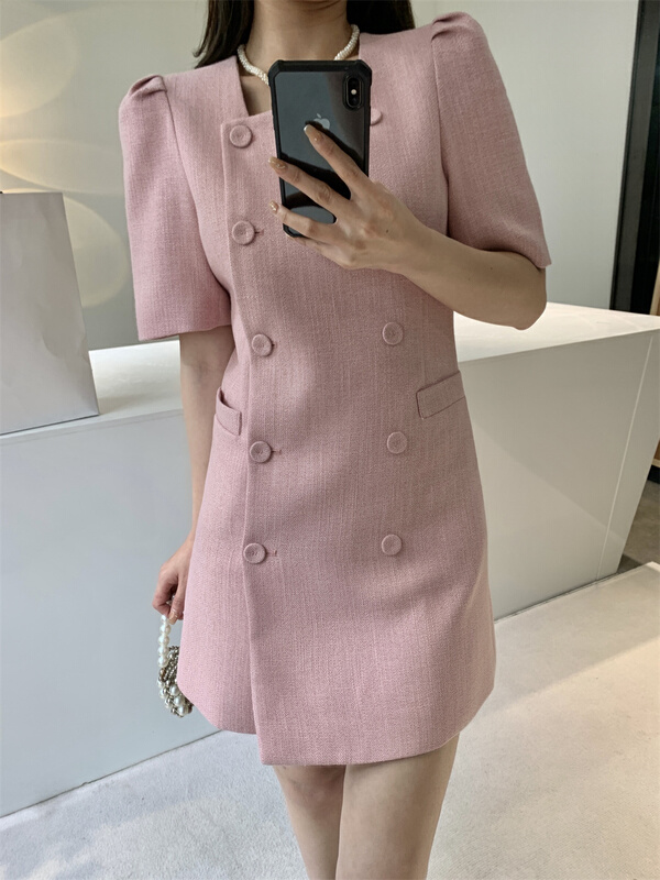 [modern 197] solid short sleeved double breasted dress 8903# zyh