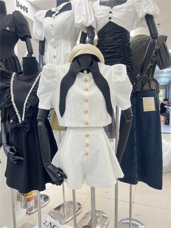 [how and me] breasted shirt + high waist slim Shorts Set 7099# LSL