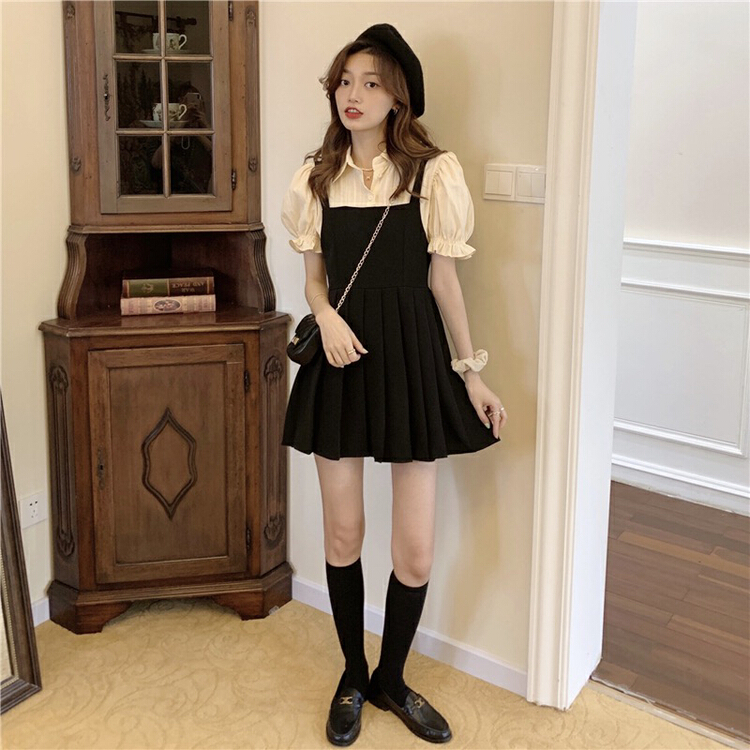 New in early summer! [XY] sweet fake two-piece Korean style bubble sleeve stitching design dress (with fake two pieces) 1036# WPL