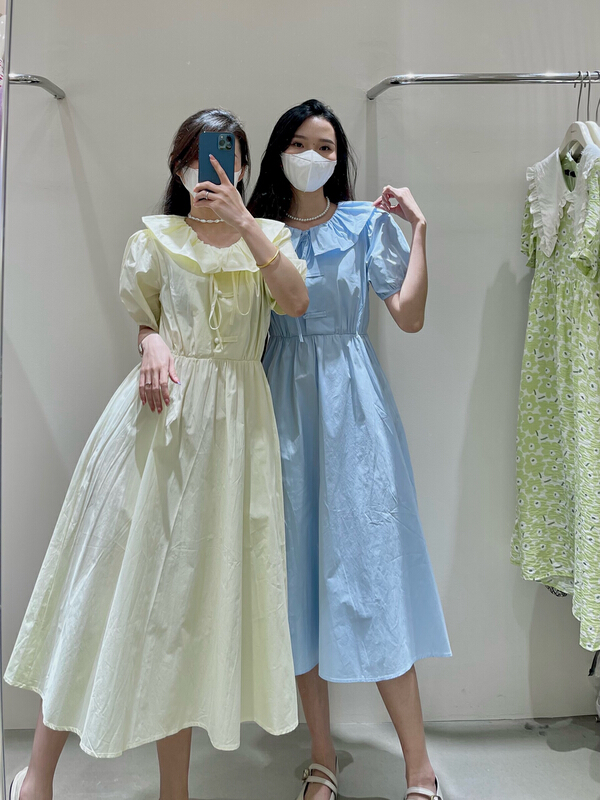 【5】 Korean doll neck bubble sleeve dress 7801-1# L