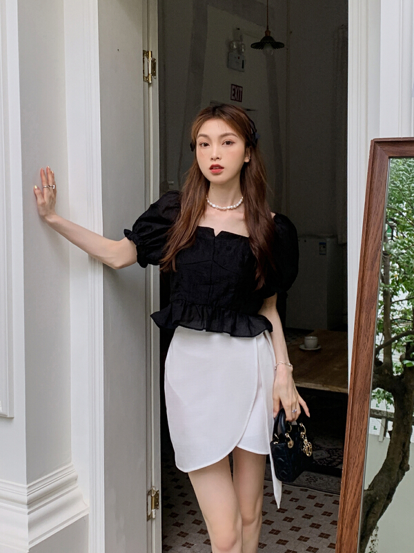 goods in stock! New in early summer! [herb] small V-neck bubble sleeve jacquard shirt s2221116# lwy
