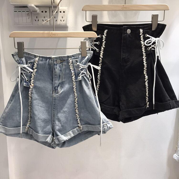 New in early summer! [Dan Ling] Korean version crimped Nail Drill high waist strap denim shorts 0996# PCZ