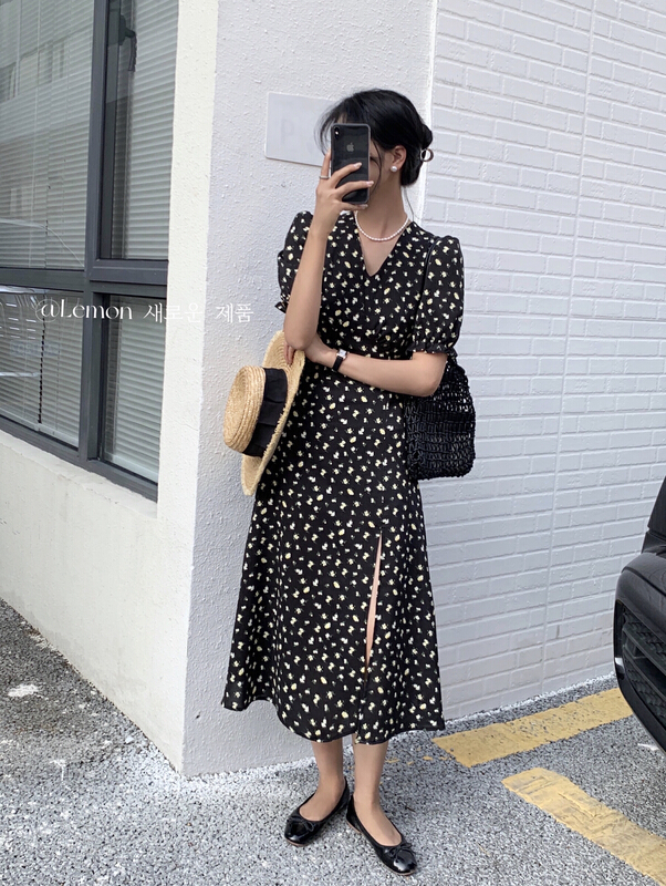 [lemon green tea] Korean V-neck floral dress 2091# hjy