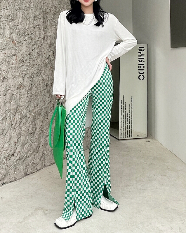 goods in stock! New in early summer! [x2] Korean chessboard lattice slit casual pants 8808-2# ozq