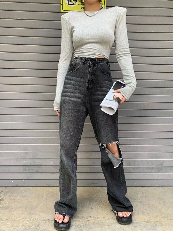 New year in early spring! [XT studio] gradient ripped loose jeans t06# zxl