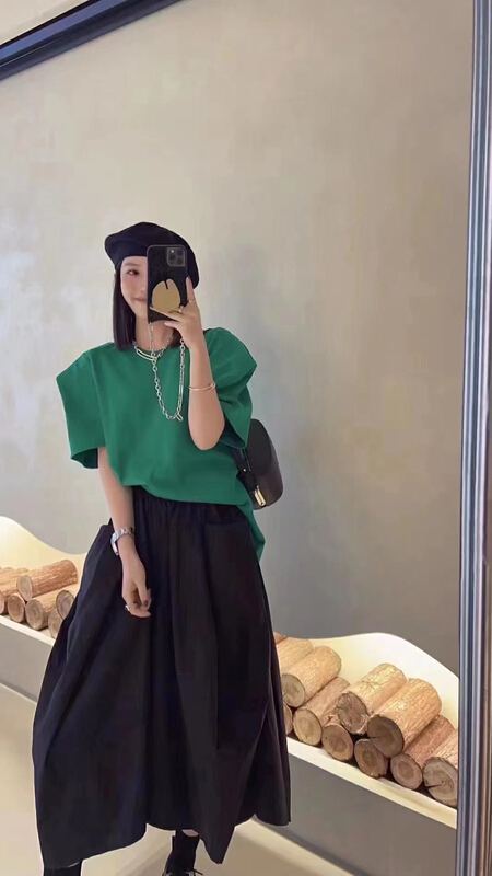 [top] solid color versatile round neck shoulder pad short sleeve T-shirt (with chain) a1097# ZSY