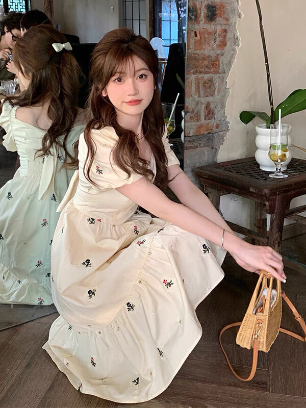 [jun.t] French style design Square Neck Chiffon floral dress 5981# PCZ