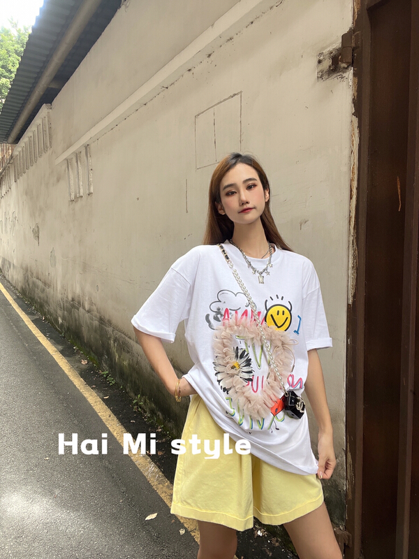 [Haimi] versatile lace embroidered smiling face printed short sleeve T-shirt 1836# WTT