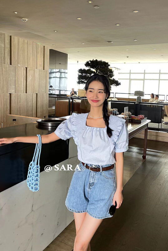 [Sara] sweet square neck back strap pleated design blouse 88855# lwy