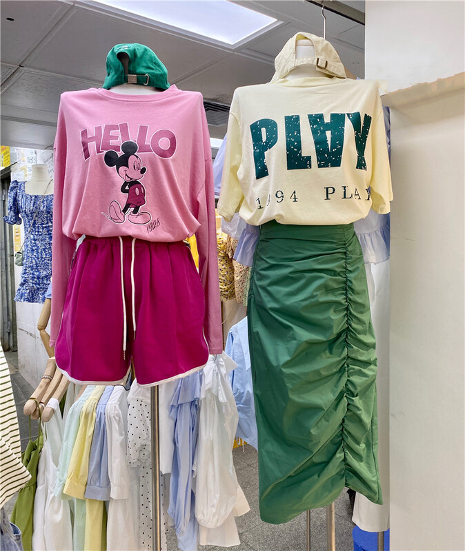 [OIT] casual lettered printed short sleeved T-shirt + wrinkled high waist skirt set 9079# HBx