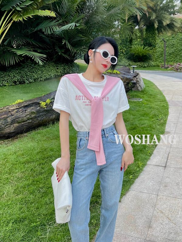 [woshang] new loose foreign style short sleeve T-shirt (with shawl) 1284# XYJ