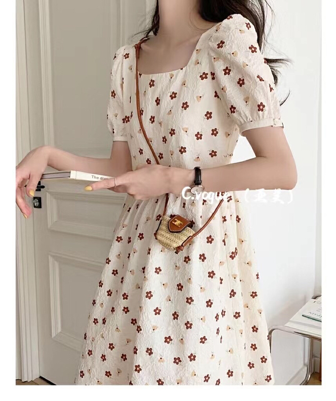 [c.vogue] Korean style gentle retro square neck floret dress 88890# PCZ