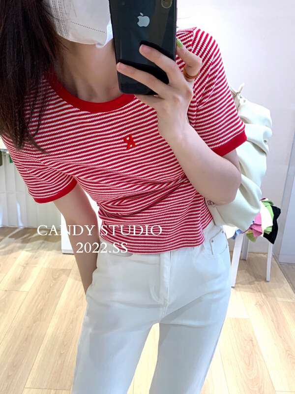 goods in stock! [candy] personalized letter embroidered stripe short sleeve T-shirt 7183# ZSY
