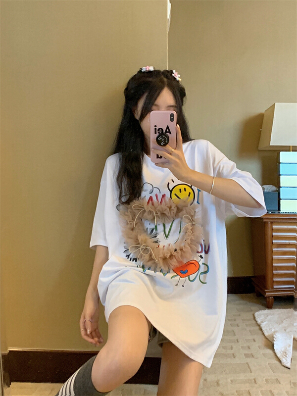[y.jia EJA] heavy industry lace three-dimensional love printed short sleeve T-shirt ys1-1066\pcz