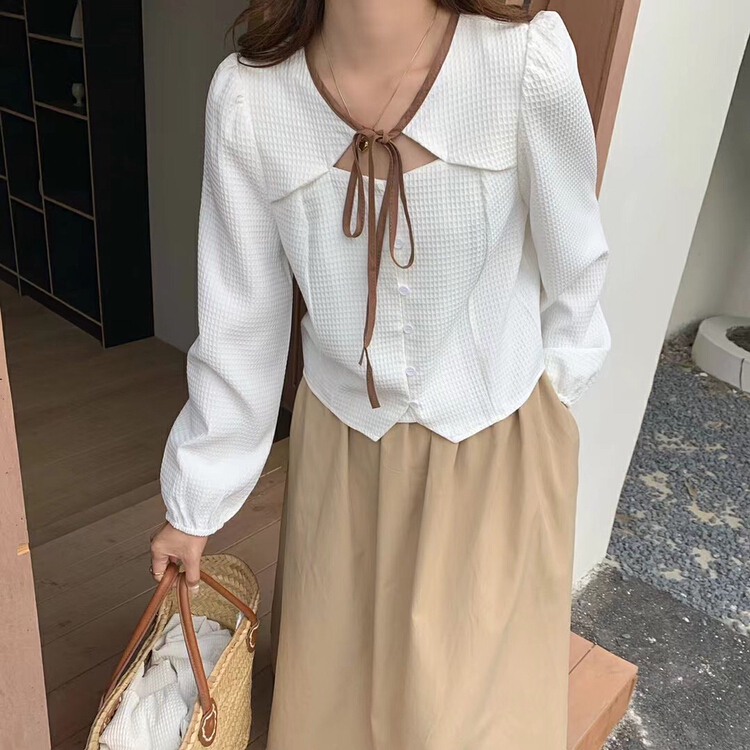 [ul-2] sweet color contrast hollow out fake two-piece blouse 6011# JJ