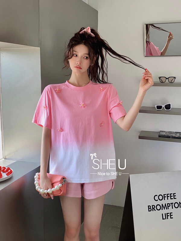 [she u] niche gradient three-dimensional flower short sleeve T-shirt (small flower can not be disassembled) c80270# cqw