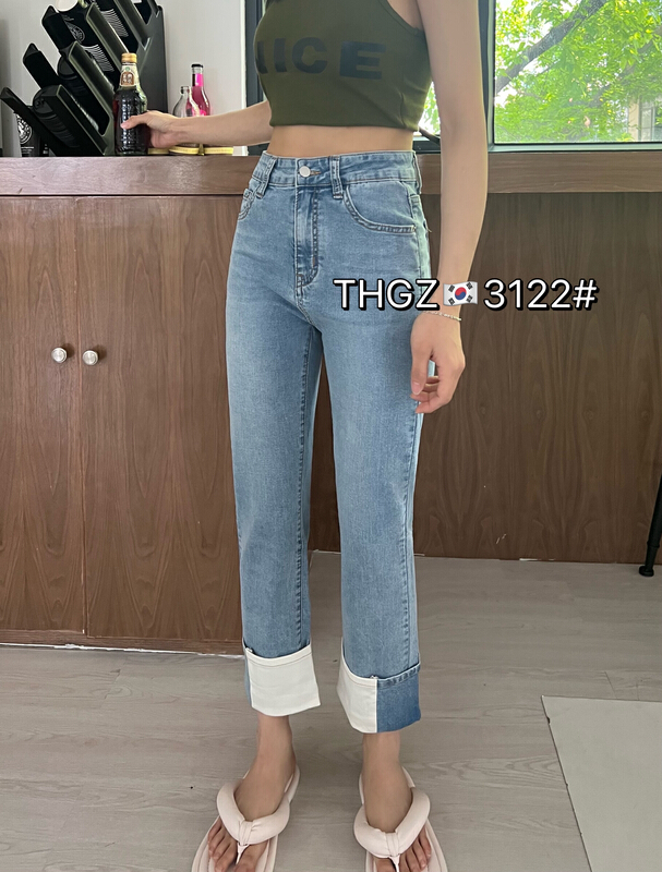 New in early summer! [fairy tale princess] Korean turn over color contrast jeans 3122# hjy