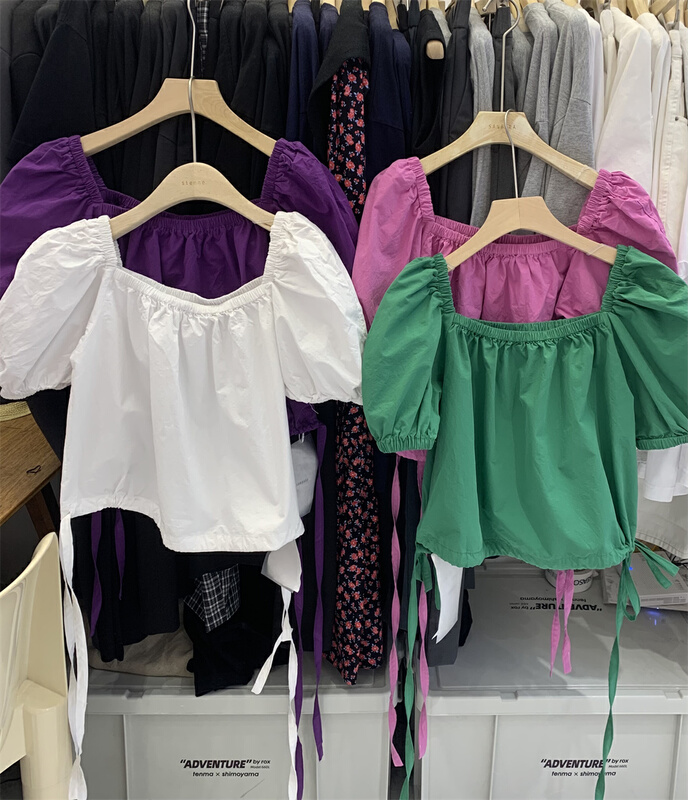 [sanbara] simple square neck solid color hem drawstring blouse 9513# LSW