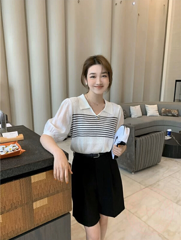 [S.J] Korean fashion color contrast short sleeve sweater 6932# LSW