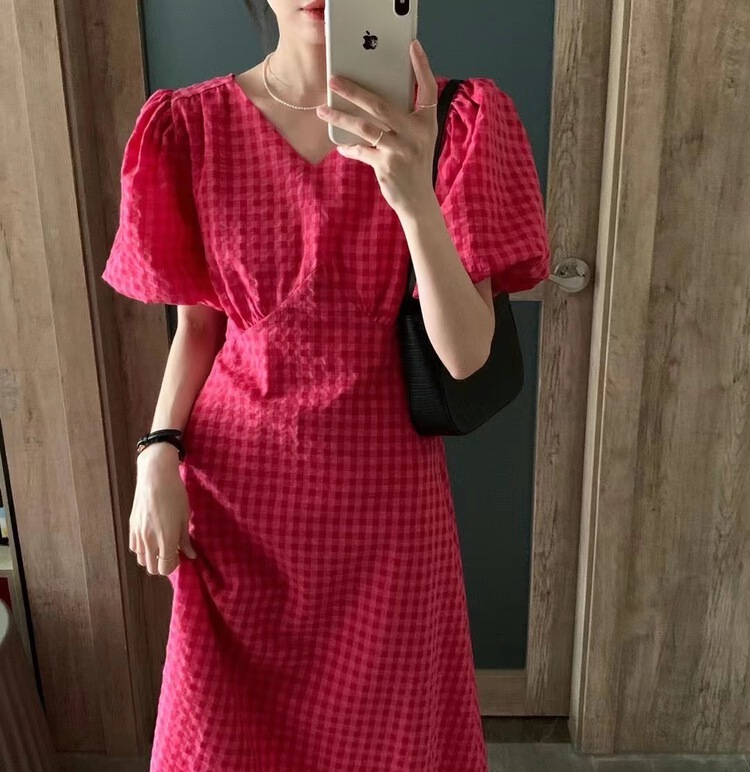 [o.lucky] Korean style waist Check Dress 1734# HBx