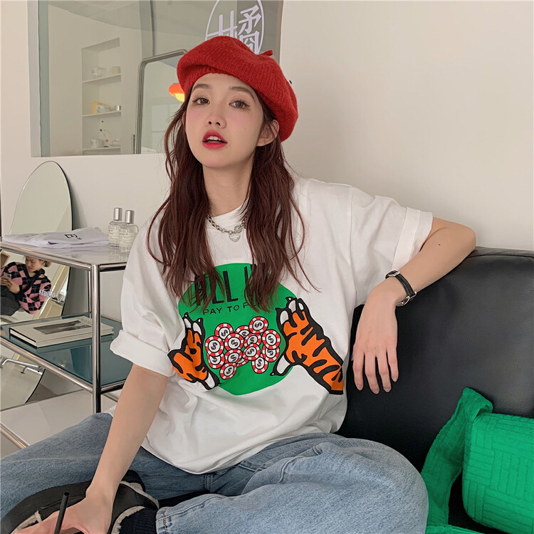 [timely rain] Korean style ins fashion loose tiger scratch print round neck short sleeve T-shirt 72158# WPL