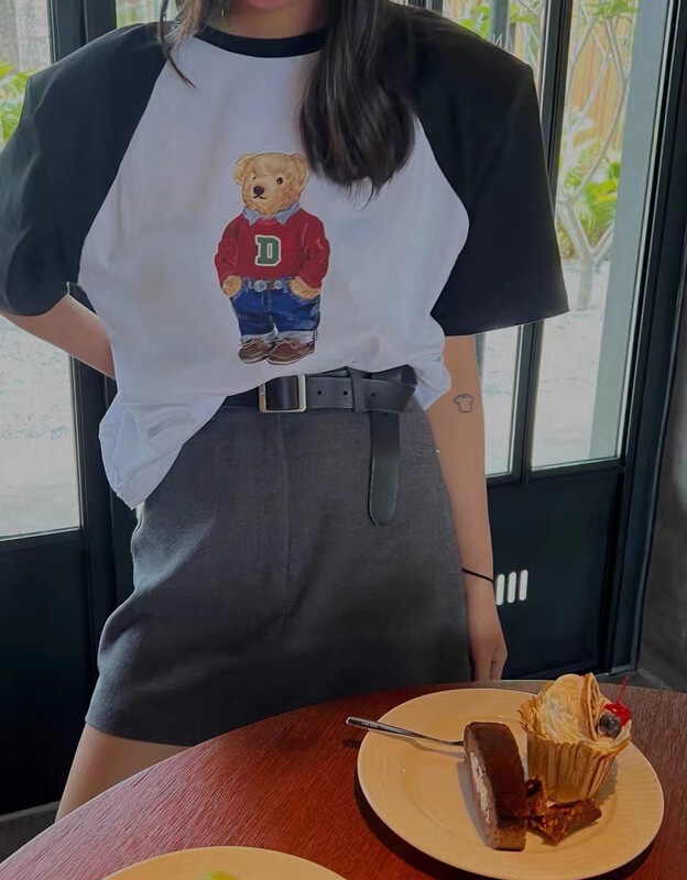 [mozr] bear color blocking print short sleeve T-shirt 9009# XYJ