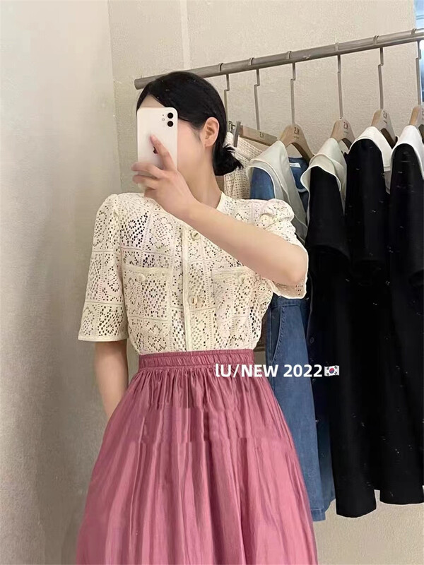 [IU] xiaoxiangfeng single breasted hollow out short sleeve shirt 6773\wpl