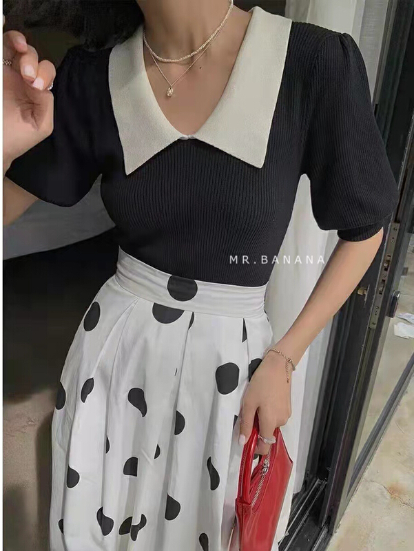 New in early summer! [mr.banana] Korean style versatile Lapel color contrast French sweater f05# ll