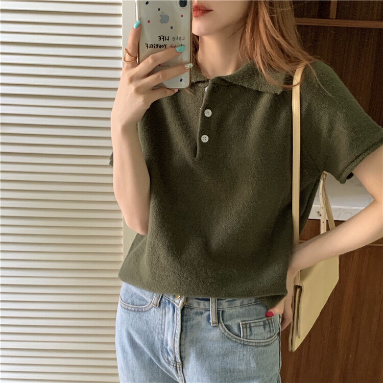 New year in early spring! [timely rain] Han Feng chic gentle tone polo collar short sleeve sweater 21123# jhy