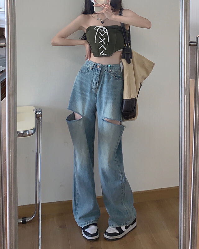 New in early summer! [kakajia] straight tube high waist hole loose wide leg jeans 9060# ozq