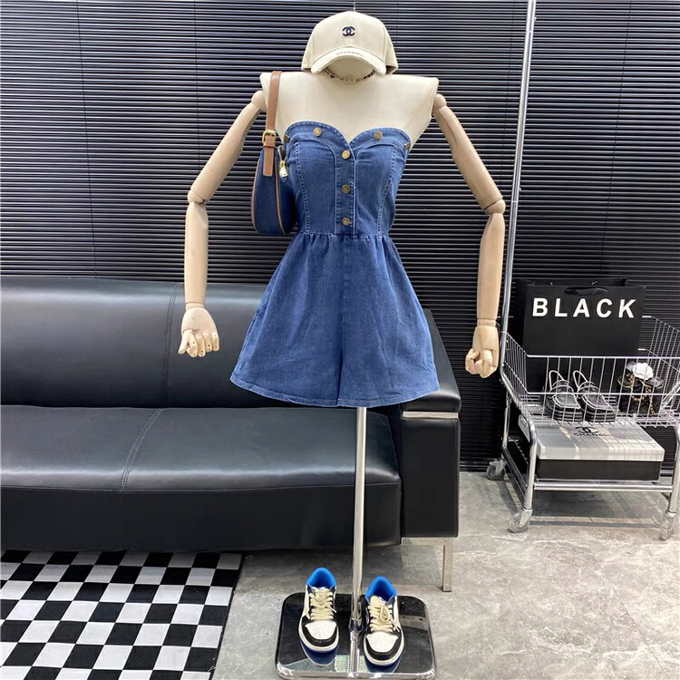[keen k] Korean style waist closing wide leg cowboy Strapless Jumpsuit m03# WTT