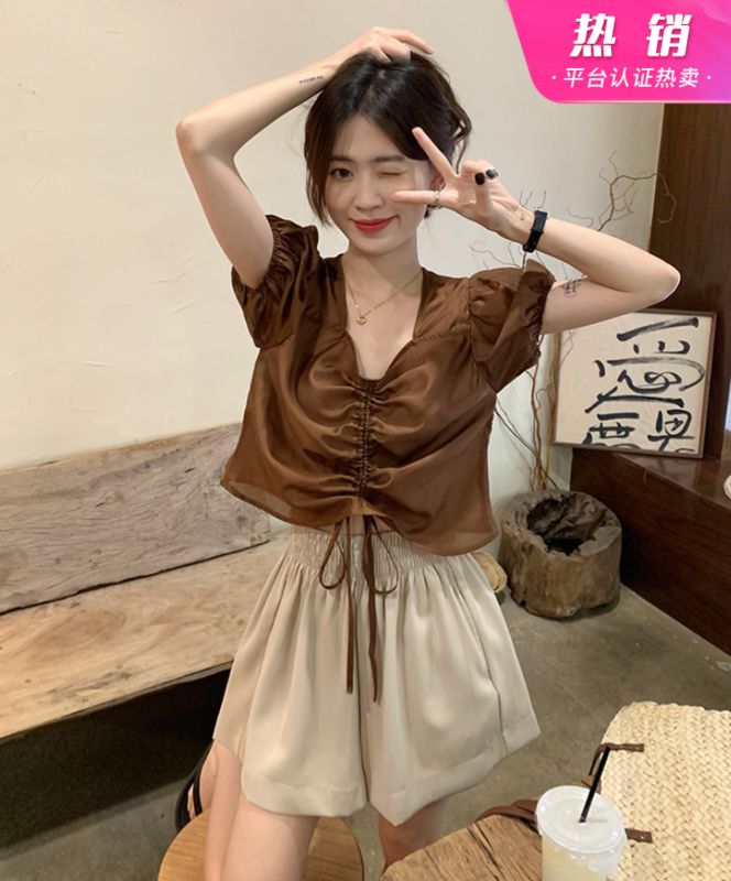 [y.jia Yijia] simple drawstring blouse + versatile casual shorts two piece suit 8986# PCZ
