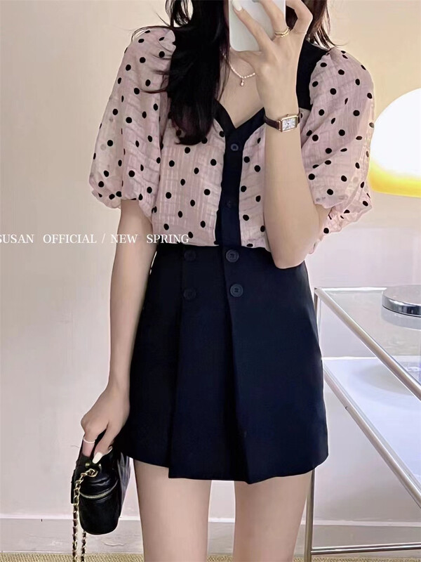 [Susan] wave dot color contrast fashion shirt 18166# LSW