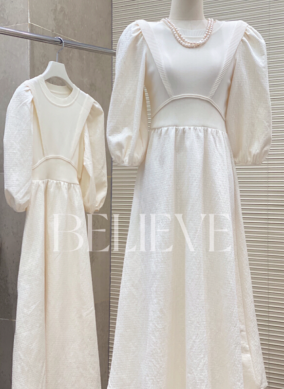 [believe] design sense bubble sleeve round neck patchwork dress bl8128# cqw