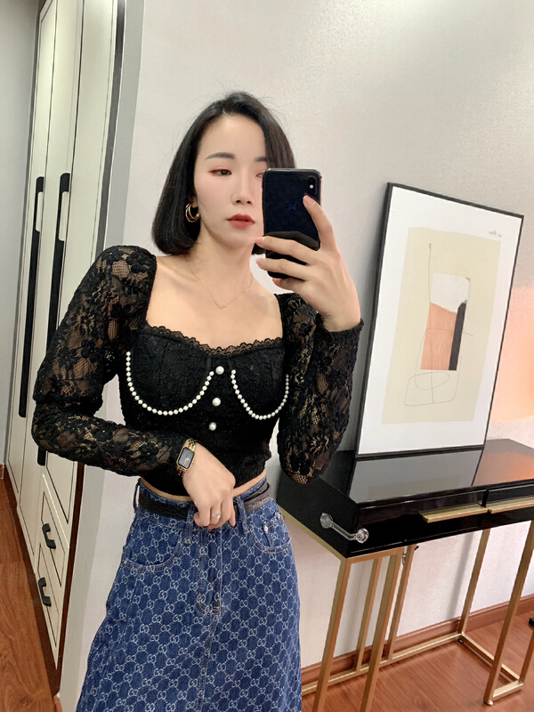 New year in early spring! [HH] Korean style heavy industry beaded lace shirt 2206y# LSL