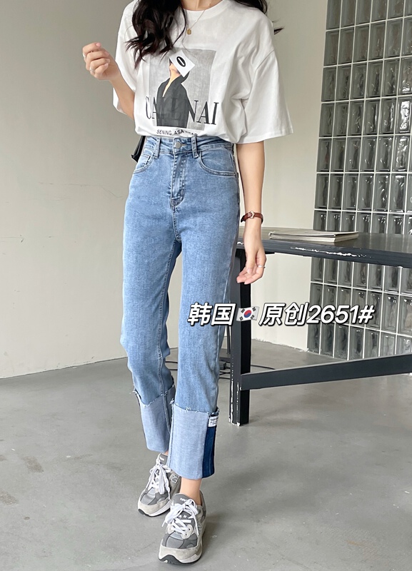 New year in early spring! [Korean original] contrast color flanging straight jeans 2651# L