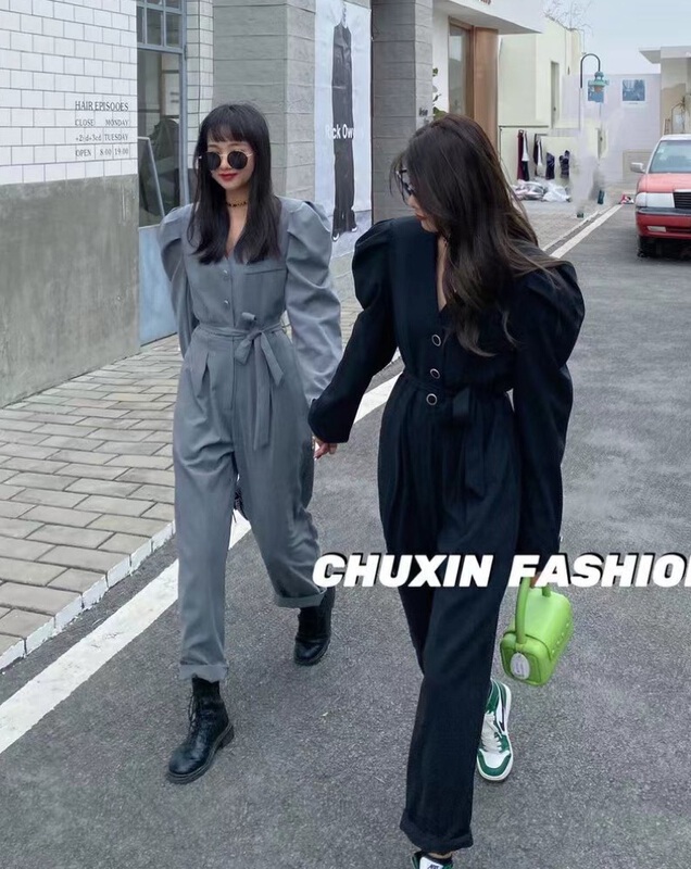 New year in early spring! [c.x initial heart] V-neck high waist tooling straight tube conjoined pants (with waist rope) k771# WTT