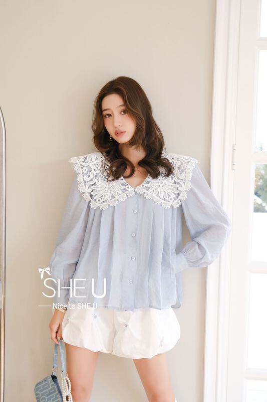 Original price 118.44! [she u] niche sweet lace Lapel loose shirt s50633# cqw