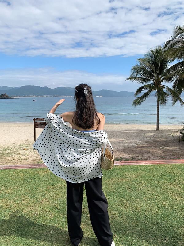 Original price 134.10! New year in early spring! [finoa] linen versatile fashion wave point shirt (sunscreen shirt) 10045# CLS