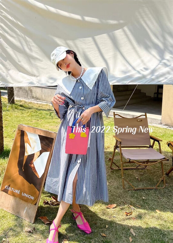 [this] Korean style large lapel stripe waistband dress r1118# CSX